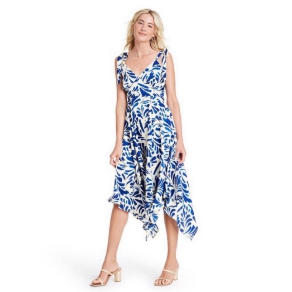 ALEXIS Blue Botanical Tie Strap Asymmetrical Hem Dress Size Medium